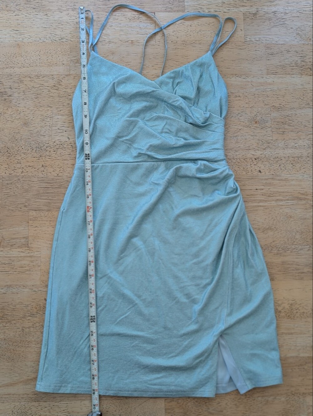 Light Aqua or Teal Blue Shimmer Strappy Mini Dress.